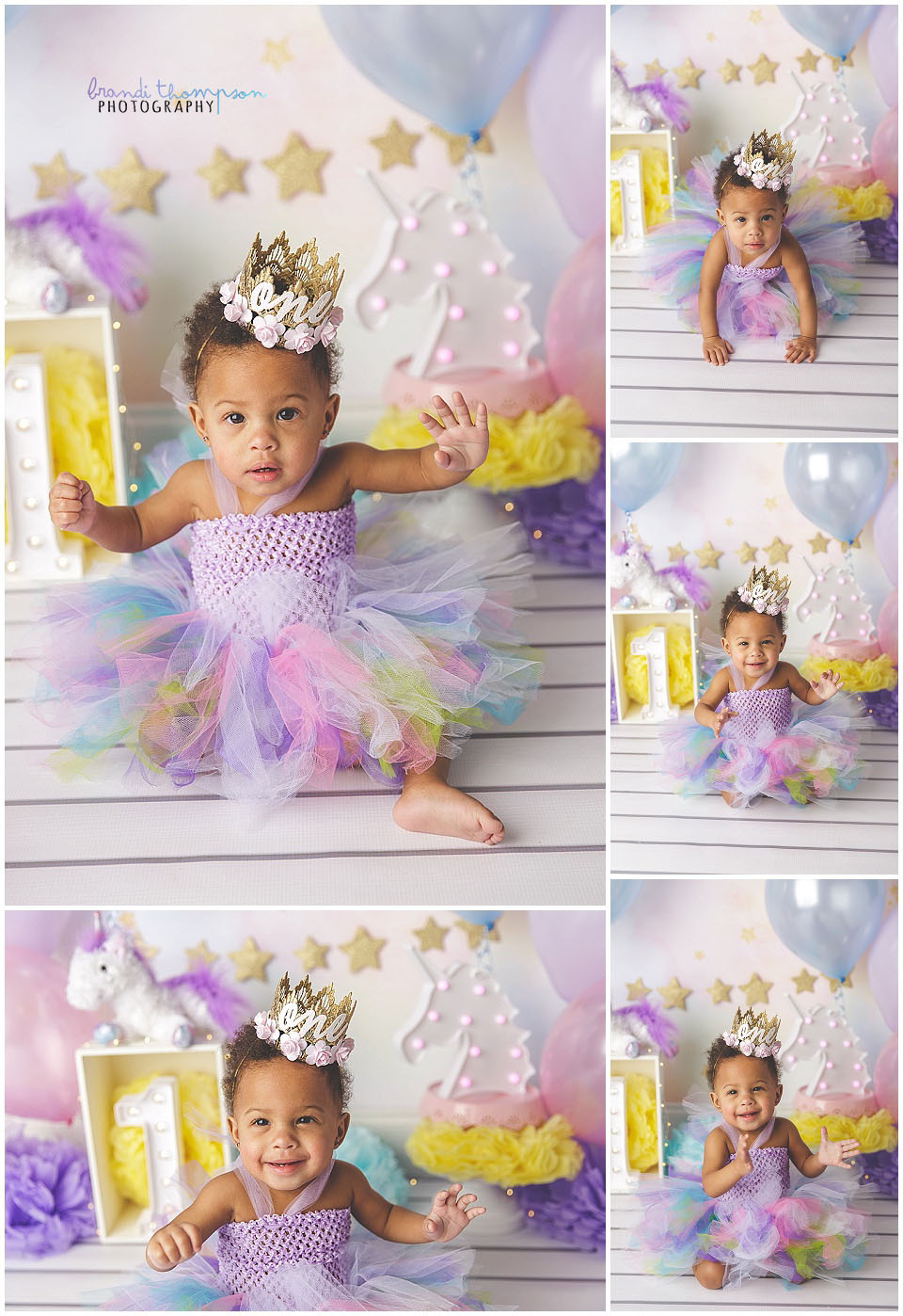 pastel unicorn cake smash with baby girl in plano photography studio